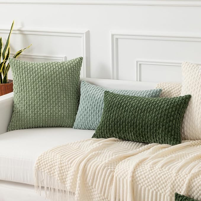 Kevin Textile Throw Pillow Covers Soft Corduroy Decorative Set of 2 Boho Striped Pillow Covers Pillowcases Farmhouse Home Decor for Couch Bed Sofa Living Room 12x20 Inch Moss Green