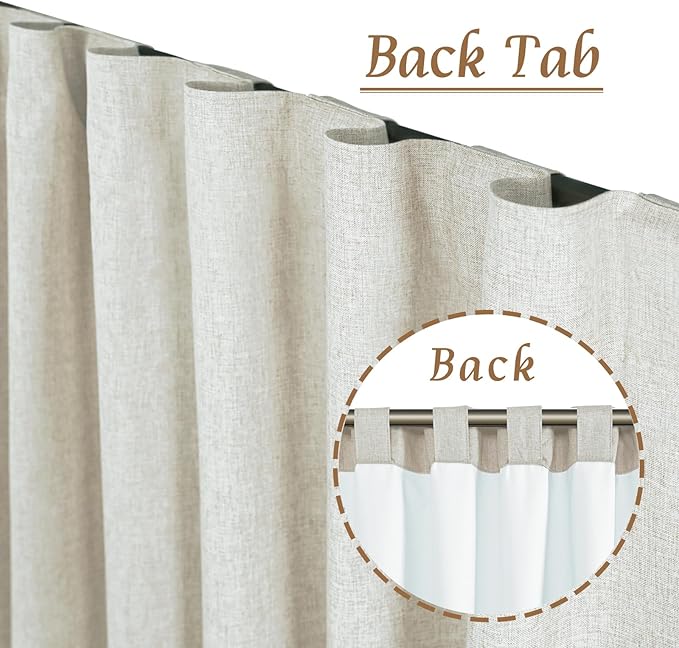 LAMIT 100% Blackout Linen Curtains, 72 Inch Linen Textured Living Room Farmhouse Curtains Room Darkening Back Tab and Rod Pocket Burlap Neutral Panels with White Liner, 2 Panels, 52 x 72 Inch, Stone