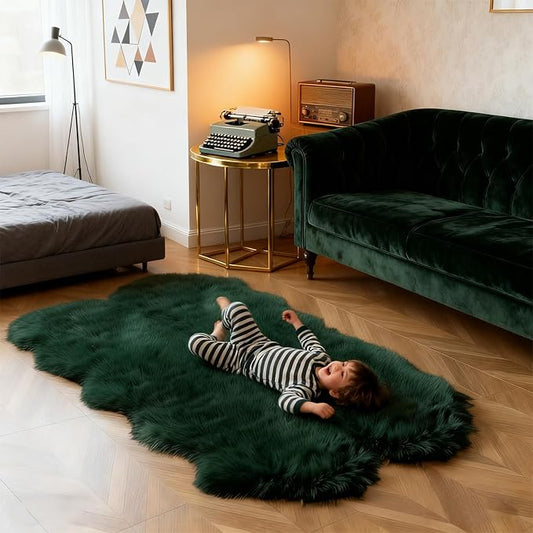 Green Faux Fur Sheepskin Area Rug for Living Room Bedroom, 4 x 6 Feet Ultra Soft Shaggy Fuzzy Furry Carpet Chair Throw Large Rugs for Kids, Girls, Nursery Room Decor Dorms