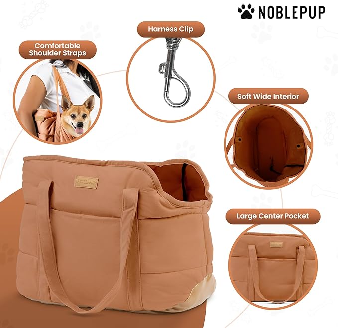 NoblePup Cozy Plush Dog Purse Carrier for Small Dogs - Dog Carrier Purse with Secure Harness Clip, Dog Tote Bag for Small Dogs and Puppies - Brown 2.0