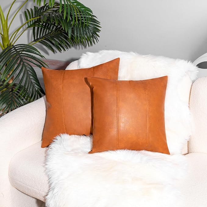 Faux Leather Throw Pillow Covers 24X24 Inch Set of 2 Brown Outdoor Modern Farmhouse Solid Decorative Pillow Covers for Room Couch Living Bedroom Bed Sofa