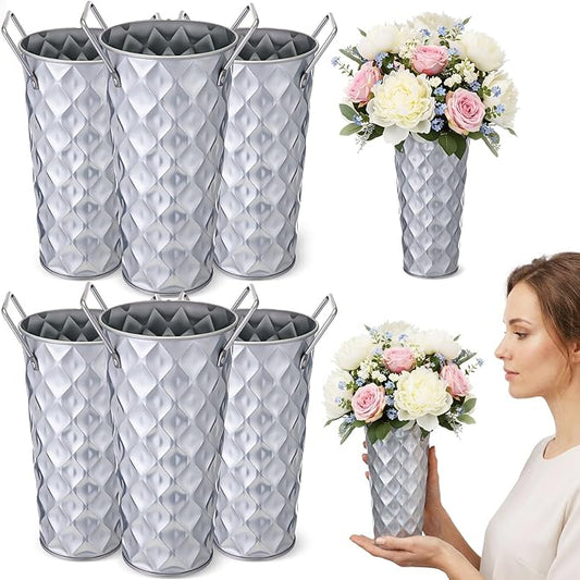 6 Pcs Silver Metal Flower Vases 9 Inch Galvanized Flower Bucket Spring Farmhouse French Bucket with Handles, Floral Vases for Centerpiece Bar Wedding Bouquet Table Decoration Supplies