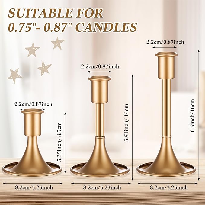 Layhit 12 Pcs Gold Candle Holders Taper Candle Holders for Candlestick Matte Metal Candlestick Holder with Various Heights 3.3" 5.5" 6.3" for Wedding Table Centerpiece Decoration