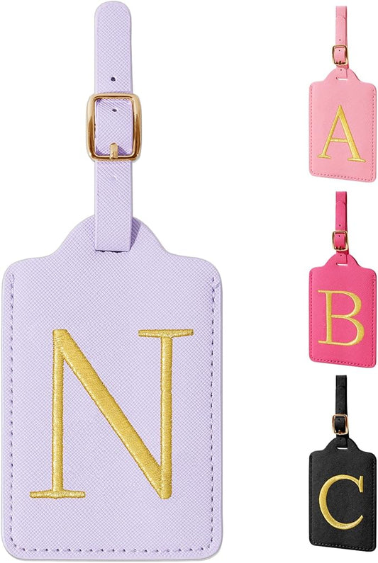 Personalized Initial Luggage Tags for Suitcase, Purple Leather Cute Luggage Tags with Privacy Cover Name Card, Embroidered Custom Monogrammed Luggage Tag Travel Backpack Tags Gifts for Women Kids(N)