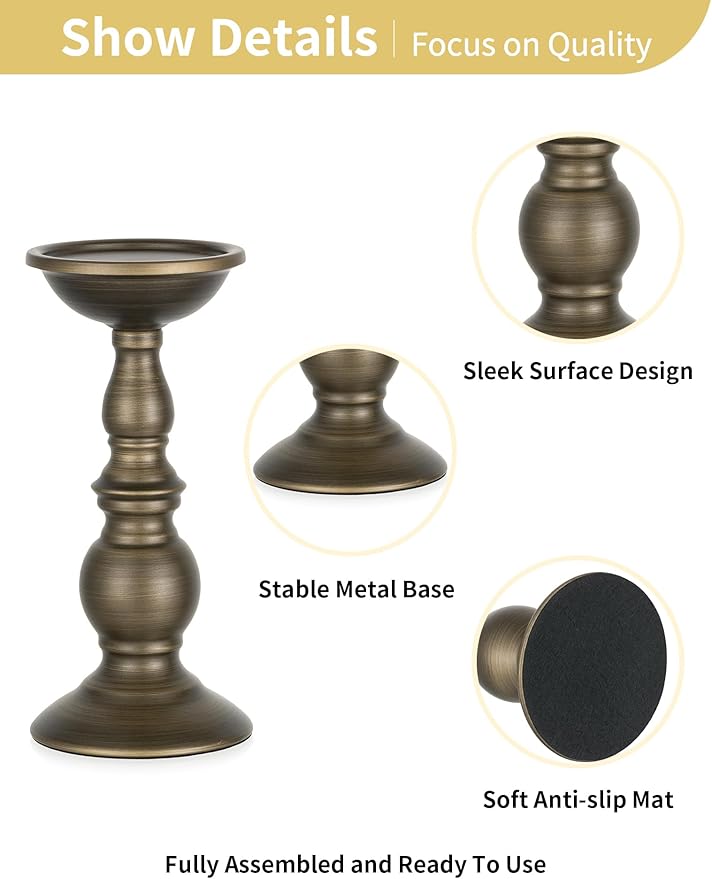 Bronze 2 Pcs Iron Pillar Candle Holders, Most Ideal for 3" Pillar Candles, Gifts for Wedding, Party, Home, Spa, Reiki, Votive Candle (S + L)