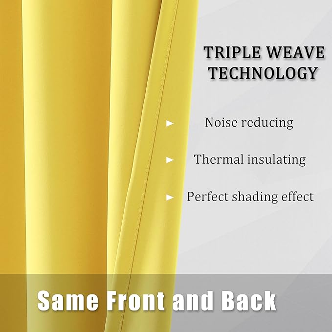 DUALIFE Yellow Blackout Solid Curtains - Room Darkening Grommet Drapes Bright Yellow Color Small Window Curtains for Kids Room, 2 Panels Sets (38 x 45 Inches Long, Illuminating Yellow