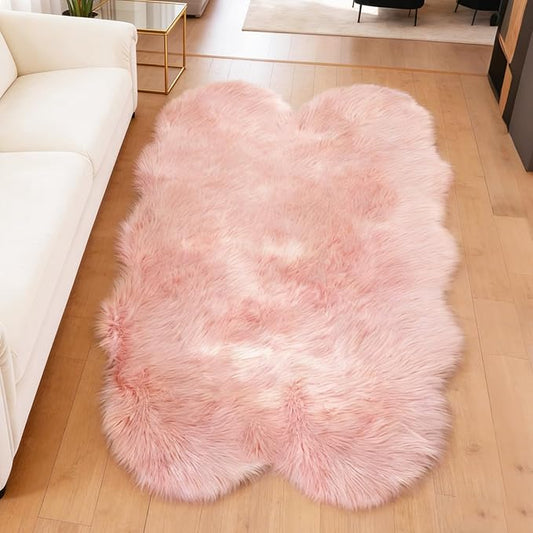 Pink Faux Fur Sheepskin Area Rug for Living Room Bedroom, 4 x 6 Feet Ultra Soft Shaggy Fuzzy Furry Carpet Chair Throw Large Rugs for Kids, Girls, Nursery Room Decor Dorms