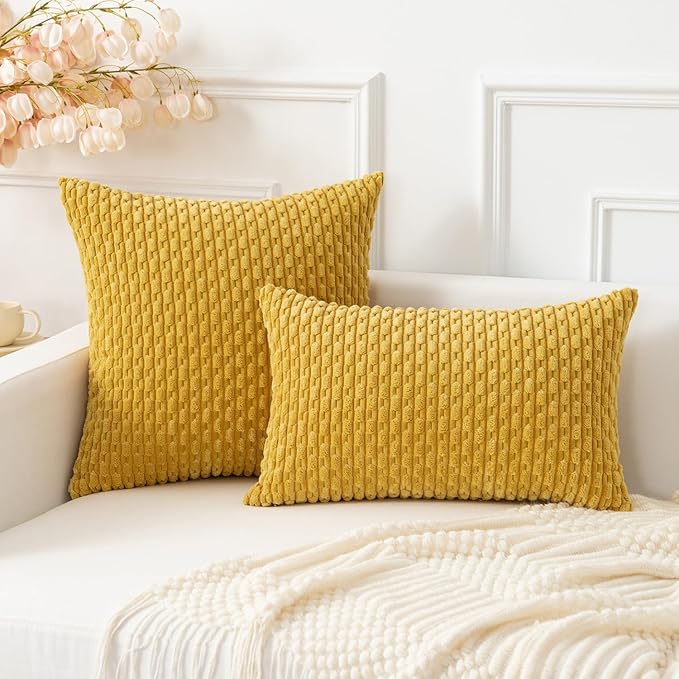 Kevin Textile Throw Pillow Covers Soft Corduroy Decorative Set of 2 Boho Striped Pillow Covers Pillowcases Farmhouse Home Decor for Couch Bed Sofa Living Room 22x22 Inch Mustard Yellow