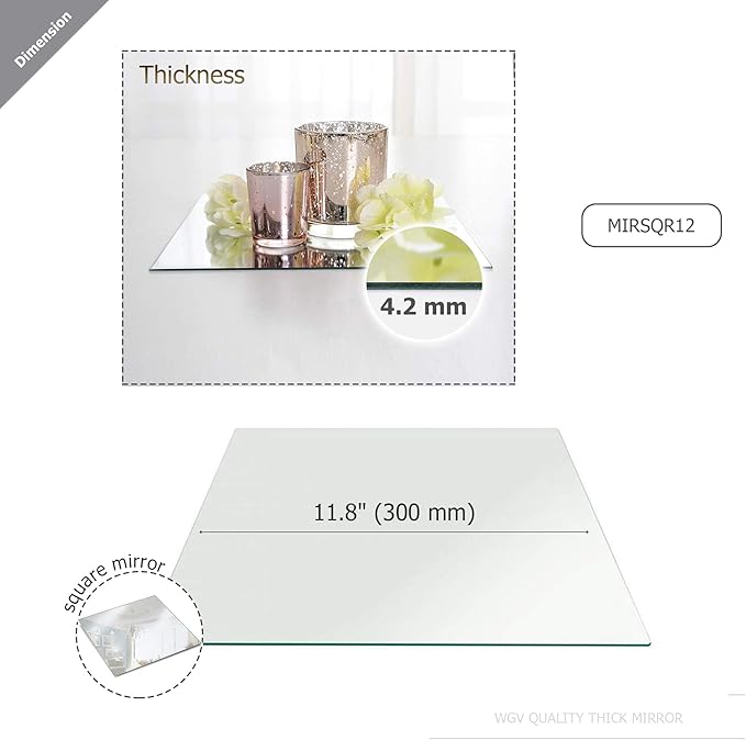 WGVI WGV Square Mirror Plate Sets Bulk 12" Width, 4.2 mm Thickness, Frameless Sanded Edges, Quality Thick Candle Tray, Home Event Party Wedding Table Centerpiece Wall Decor, 12 Pieces