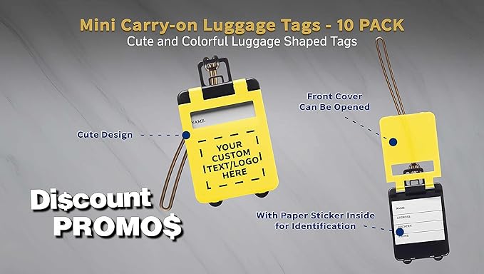 10 Mini Carry-on Luggage Tags Pack - Customizable Text, Logo - Flip Open Cover, ID Sticker - Yellow