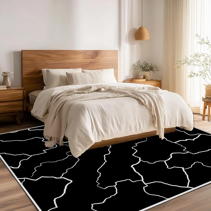 Abstract Rugs for Living Room - Modern Washable Area Rug, 6x8 Abstract Black and White Rug, Minimalist Rugs,Carpet Non Slip Home Decor