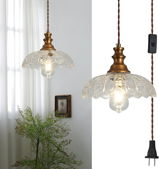 Plug in Pendant Light Industrial Pendant Lighting with Plug in Cord 9.8ft Hanging Lamps Clear Glass Shade ‎Bronze Light Fixture for Living Room Kitchen Dining Room Bedroom