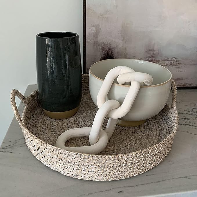 Hanlin Wood Chain Link Decor - Hand Carved Boho Decorative Chain, Farmhouse Decor, Sustainable Pine, Coffee Table Shelf for Home Living Room (White)