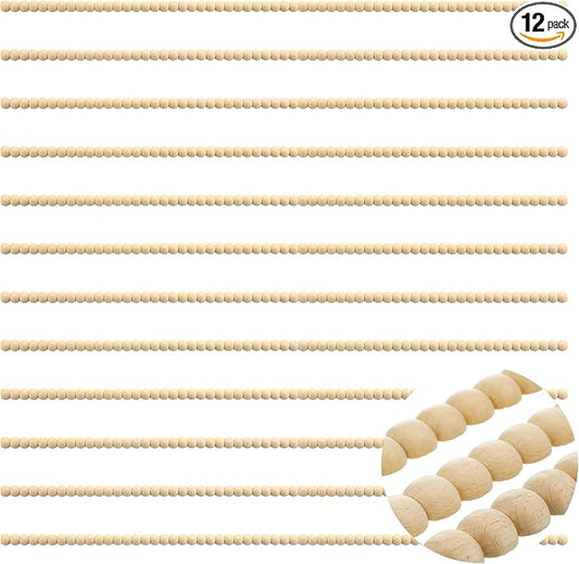 Nuanchu 12 Pcs Decorative Beaded Wood Trim Molding Half Wooden Beads Bobbin Trims 15.75 Inch Unfinished 3D Pearl Paintable Wood Molding for DIY Crafts Home Wall Cabinet Shelf Window Door (8 mm)