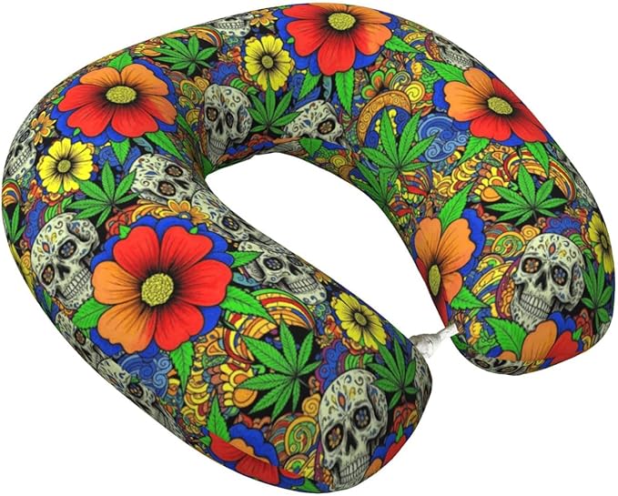 Neck Travel Pillow, Women Men Washable Airplane Car Pillows Pot Leaf Skull Weedleaf, Head Support Rest U Shaped Cushion Comfortable for Watching TV
