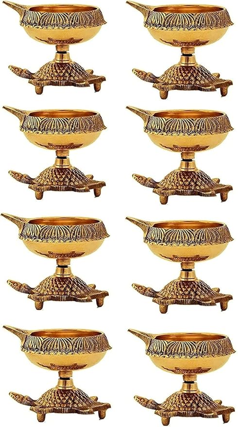 SATVIK 20 Pc Brass Kuber Turtle Diya for Diwali Decoration Handmade Oil Lamp with Golden Engraved Virgin Brass Metal Diwali Diya Vilakku