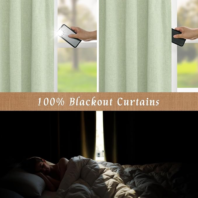 LAMIT Natural 100% Blackout Linen Curtains, 54 Inches Linen Textured Thermal Bedroom Curtains Back Tab and Rod Pocket Neutral Panels with White Liner for Farmhouse, 2 Panels, 42 x 54 Inch, Light Green