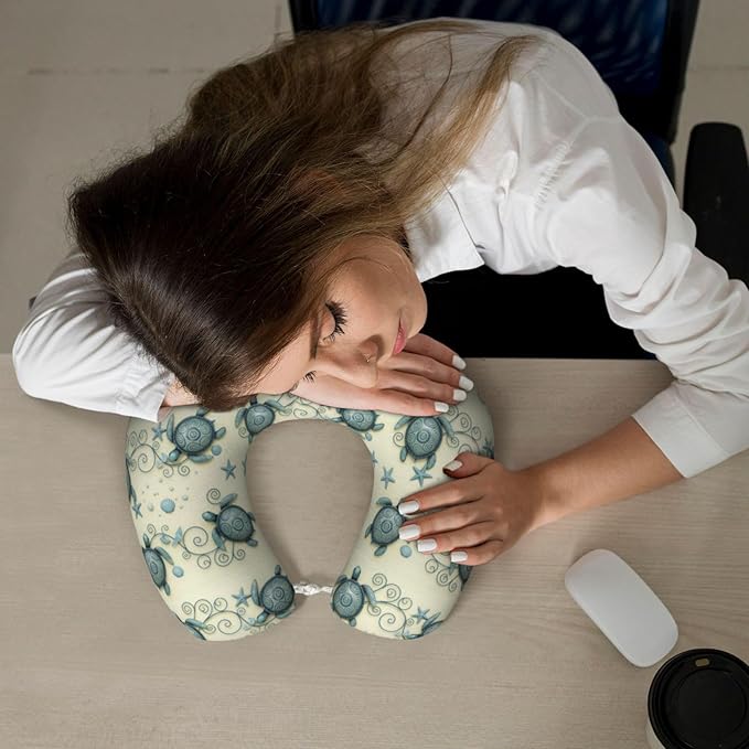 Travel Pillow for Men Women, Washable Relax U Shaped Neck Pillows for Car Head Pain Relief Sleeping Ocean Friends Sea Turtle