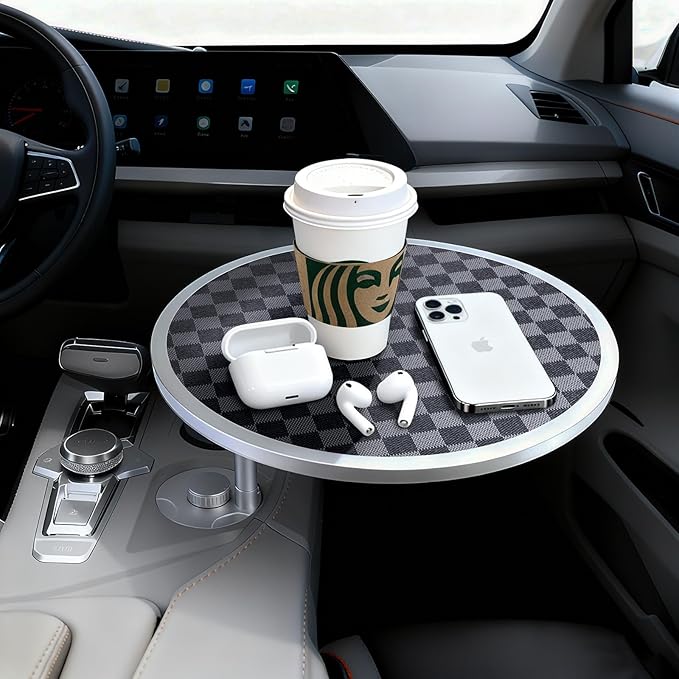 Car Tray Table & Car Desk for Laptop with 2 Risers and Anti-Slip Pad, 360° Rotating Cup Holder for Working and Eating Compatible with Tesla Model 3/Y/S/Ensure The Cup Holder is Round/Grey