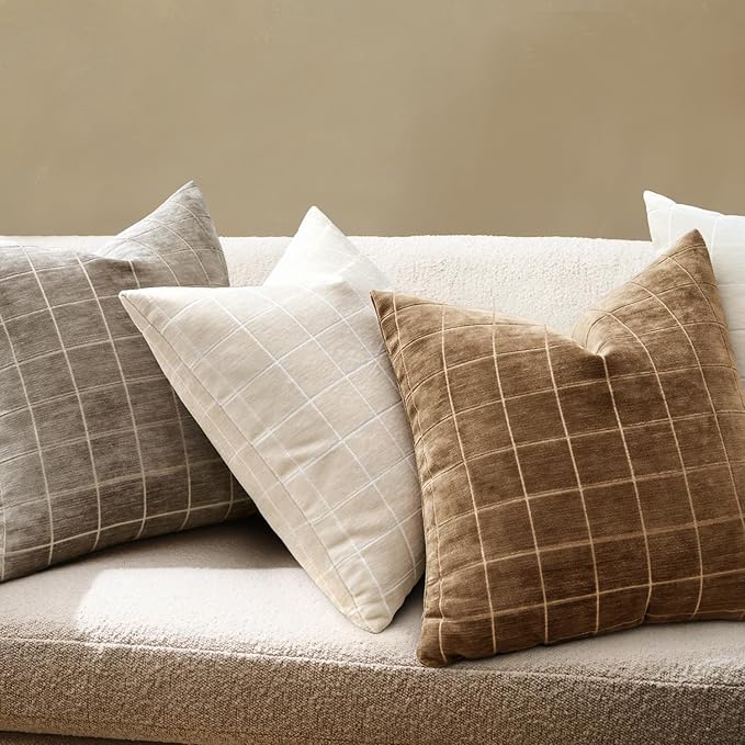 MIULEE Decorative Chenille Check Throw Pillow Covers Vintage Plaid Couch Pillows 20x20 Inch Set of 2 Neutral Boho Farmhouse Cushion Covers Modern Home Decor for Sofa Bed Living Room Toffee