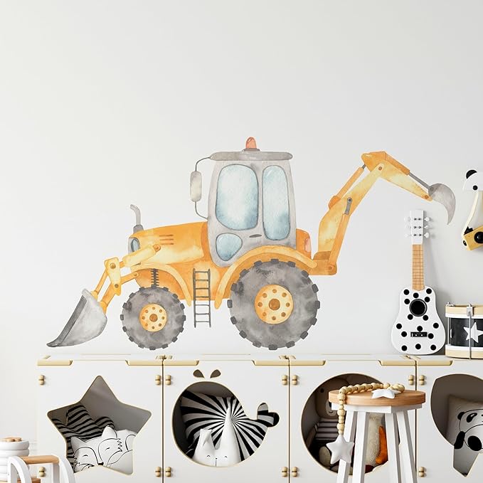 Construction Tractor Backhoe Loader Wall Decal for Boys Room, Construction Eqipment Peel Stick Removable Fabric Wall Sticker, Nursery or Playroom Decor, Repositionable (24 inch: 13" Tall x 24" Wide)