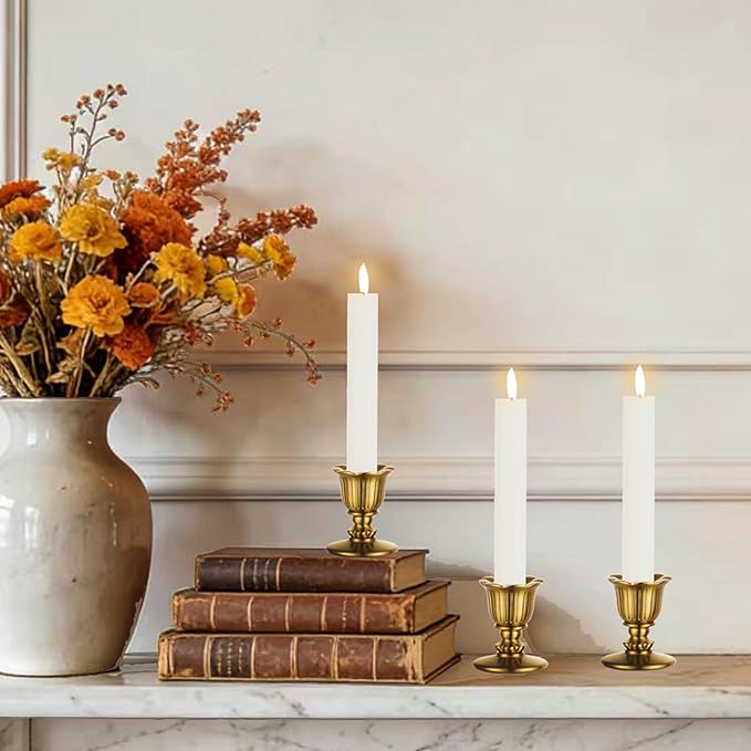 Vintage Gold Candlestick Holders, Brass Taper Candle Holders Candle Sticks Holder for Thanksgiving Dinner Table centerpieces Festive Christmas Mantel Decor Home Kitchen Fall Decorations Set of 2