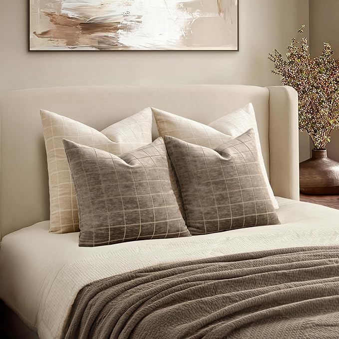 MIULEE Decorative Chenille Check Euro Shams Throw Pillow Covers Vintage Plaid Couch Pillows 24x24 Inch Set of 2 Neutral Boho Cushion Covers Modern Spring Decor for Sofa Bed Living Room Taupe Grey