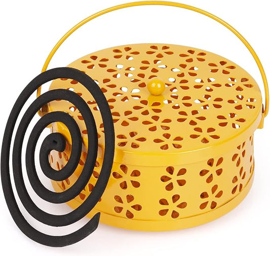 Portable Iron Mosquito Coil Holder with Handle Round Heat-Resistant Incense Holder (Yellow)