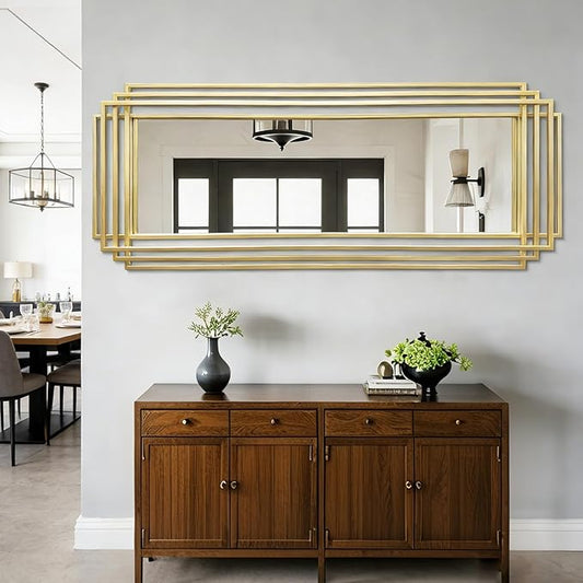 Gold Rectangle Mirror, 55"x22" Geometric Art Deco Mirror with Metal Frame, Large Modern Elegant Wall Mirrors for Living Room Bathroom Entryway Hallway, Hangs Vertically or Horizontally