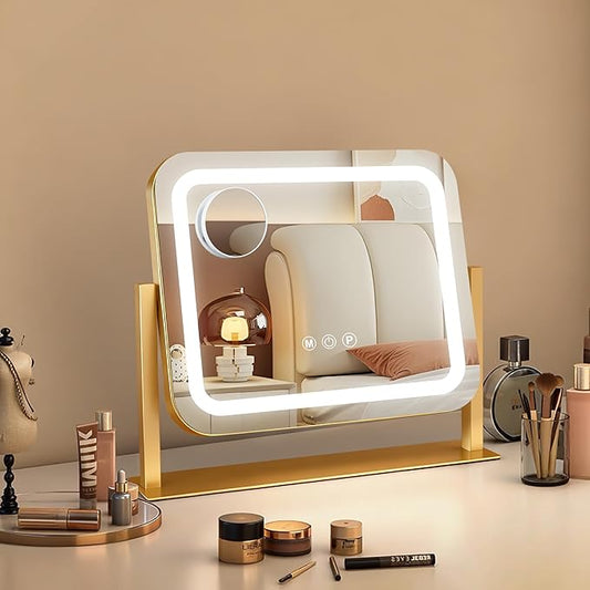 Gold Vanity Mirror with Lights 14"×12", Led Makeup Mirror, Lighted Makeup Mirror with 3 Color Dimmable Lights, Smart Touch Screen Control, 360°Rotation