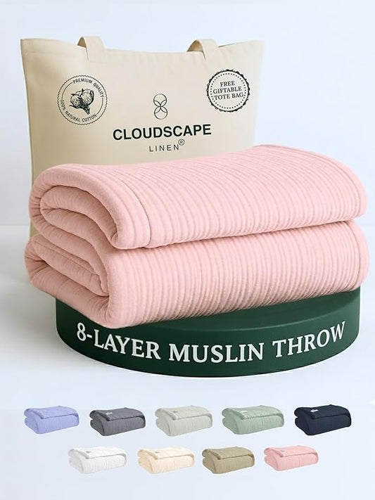 Cloud Scape Linen Extra Large 8 Layer Muslin Throw Blanket - 100% Cotton Gauze, Soft and Breathable, Winter Blanket for Couch, Sofa and Bed, Idea, 50x70, Seashell Pink