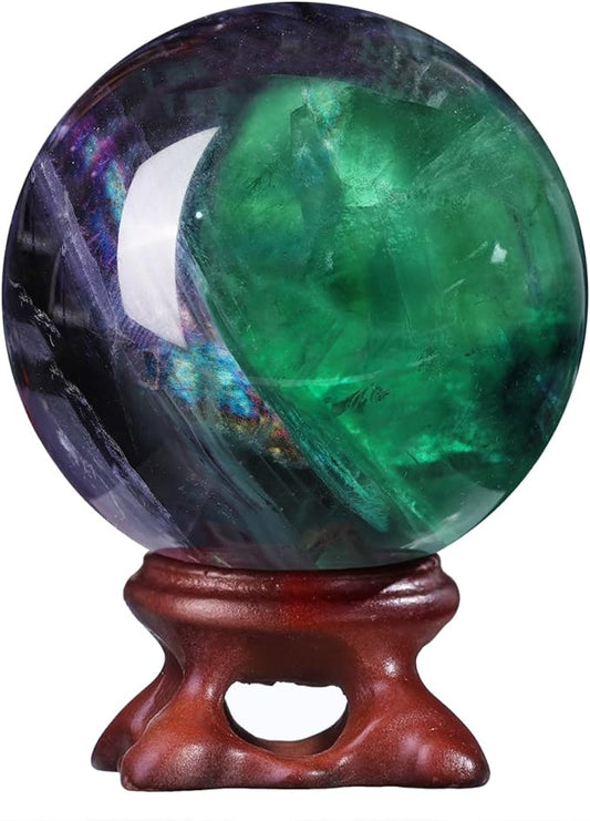 Sportmusies Natural Fluorite Stone Ball with Resin Base, Polished Fluorite Sphere Figurine Desk Home Reiki Healing Decoration, 1.61-1.96 inches