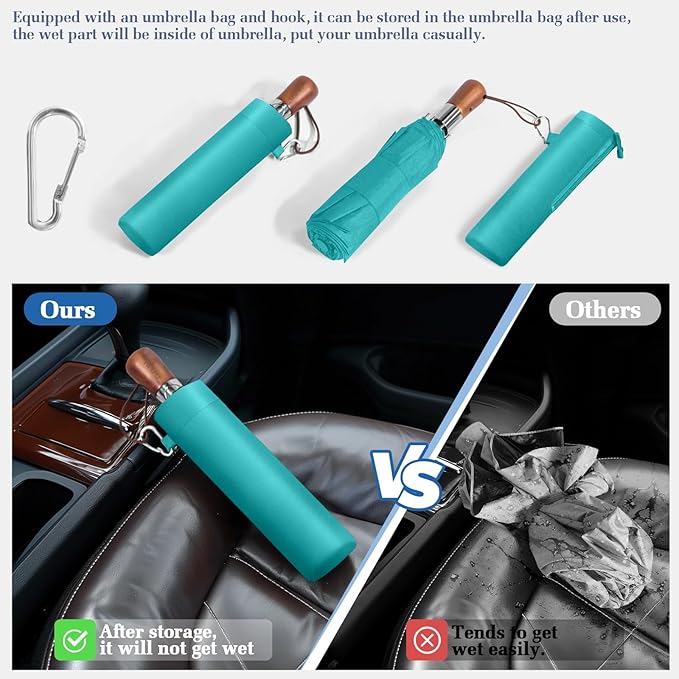 Umbrellas for Rain, 47" Large Windproof Travel Umbrella, Triple-Layer Vented Canopy, 10 Fiberglass Ribs, Auto Open Close Compact Umbrella, Wooden Handle, Heavy Duty for Commute, Gifts for Men & Women