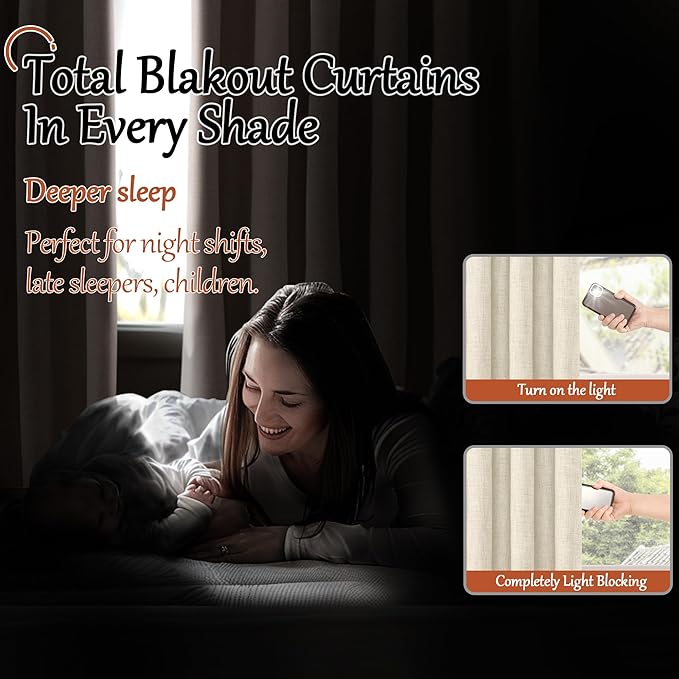 Lajode Blackout Curtains for Bedroom - Linen Black Out Curtains 84 Inch Long Thermal Insulated Burlap Grommet Window Drapes for Farmhouse Living Room Darkening, 2 Panels, Each 52" Wide, Natural Cream