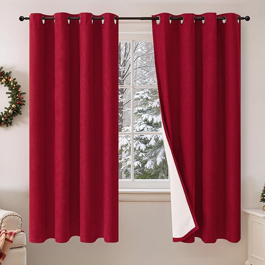 Lajode Red Christmas 100% Linen Blackout Curtains 63 Inch Long 2 Panels, Thick Heavy Thermal Insulated Cold Blocking Noise Reducing Window Curtains for Winter Decoration, Each 52x63 Inch 2 Panels