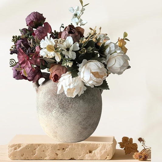Retro-Style vase, Artificial Faux Flower Bouquet for Home Decor Indoor Fake Bouquet Faux Floral Arrangements Dining Table Centerpieces for Kitchen(Rust-Colored)