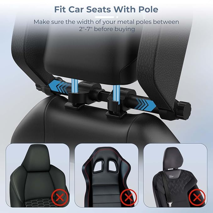 Yoocaa Adjustable Car Headrest Pillow, Road Pal Headrest, U-Shaped Travel Sleeping Pillow for Kids & Adults, Head Neck Support Only Suitable for Car Seat Headrest with Poles, Black