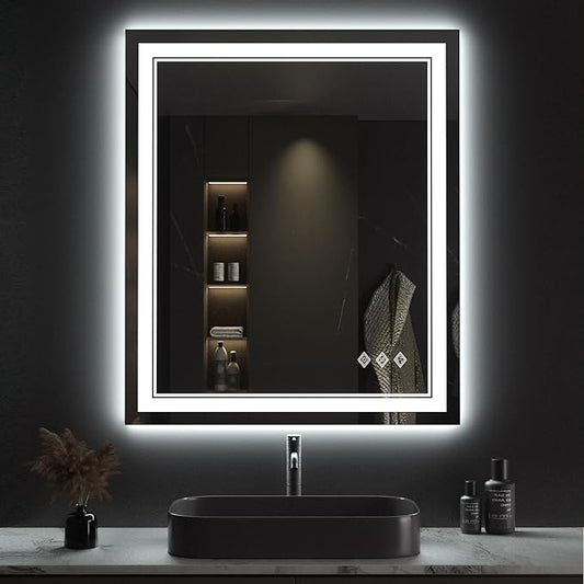 Lighted Mirror, 30x36 Inch Gradient Front and Backlit LED Mirror, 3 Colors Dimmable CRI>90 Double Lights, IP54 Enhanced Anti-Fog, Hanging Plates Wall Mount LED Bathroom Mirror