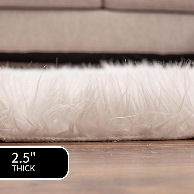 Super Area Rugs 5X7 White Shaggy Rug for Bedroom - Faux Fur Fluffy Carpet - Bright White Color for Living Room - Machine Washable Easy Care & Soft Feel