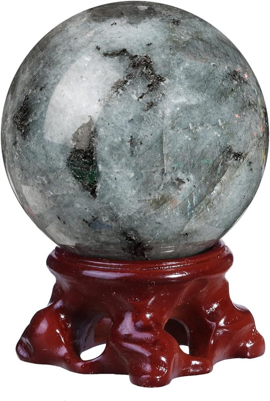 SUNYIK Natural Labradorite Ball Sphere with Resin Stand Polished Crystal Sphere Stone Figurine Decor for Home Office Tabletop, 2-2.3"(51-60mm)