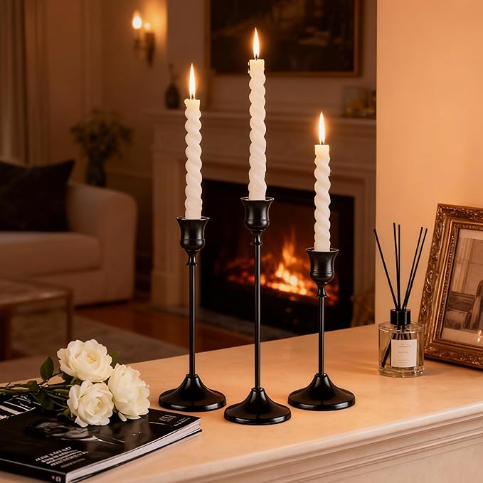 Taper Candle Holders, Tall Vintage Metal Candlestick Holders, 6 PCS Black Candle Sticks Holders for Home Decor Table Centerpiece Wedding Housewarming Festival, Black, 2 Sets (6 pcs)