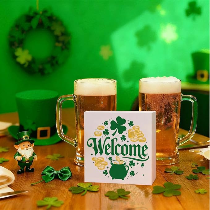St. Patrick's Day Welcome Decor Wooden Box Sign, Pot of Gold Shamrock Tabletop Welcome Sign for Home Entryway Shelf Desk, Festive Farmhouse Holiday Wooden Decor Irish Theme 5 x 5 Inches