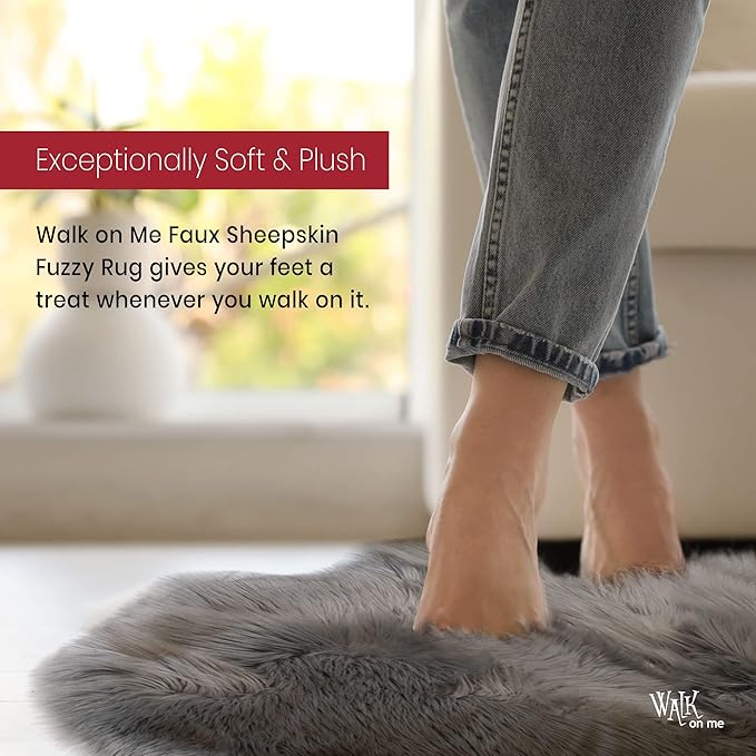Silky Soft Faux Fur Shaggy Rug, 8 ft. x 10 ft. Gray Fluffy Sheepskin AreaRug, Rectangle Rug for Living Room, Bedroom, Kid's Room, or Nursery, Home Décor Accent, Machine Washable with Non-Slip Backing