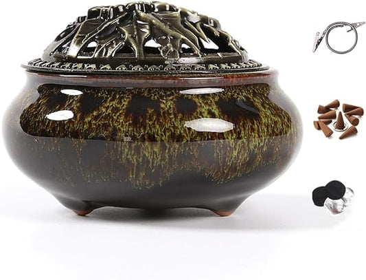 Incense Burner with Calabash Incense Stick Holder - Porcelain Charcoal Censer for Use with Resin Granular Powder Cone or Coil Incense (Fambe Green)