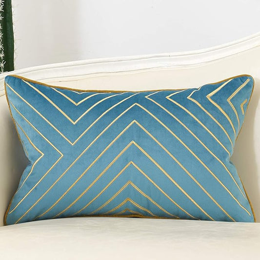 Avigers 12 x 20 Inch Grey Blue Gold Striped Geometric Lines Embroidery Velvet Cushion Case Luxury Modern Lumbar Throw Pillow Cover Decorative Pillow for Couch Living Room Bedroom Car 30 x 50cm