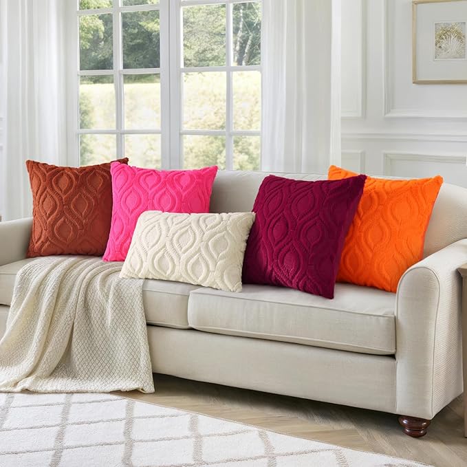 decorUhome Throw Pillow Covers 12x20 Inch Set of 2, Soft Plush Faux Wool Red Solid Couch Pillow Covers, Accent Farmhouse Neutral Square Pillow Cases for Sofa Bed Living Room