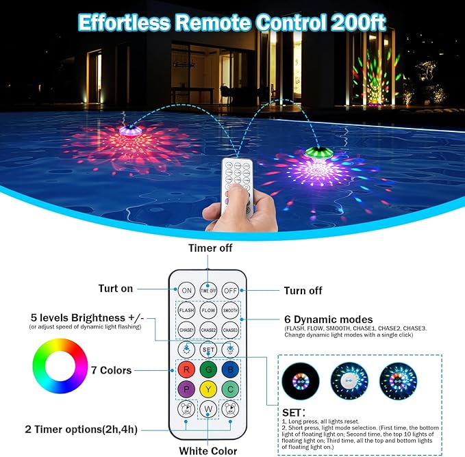 Floating Pool Lights, Pool Lights That Float with Remote, Rechargeable 4000mAh IP68 Waterproof Upper and Lower Color Changing Light with 6 Dynamic Lighting Effects for Bathtub 2 Pack