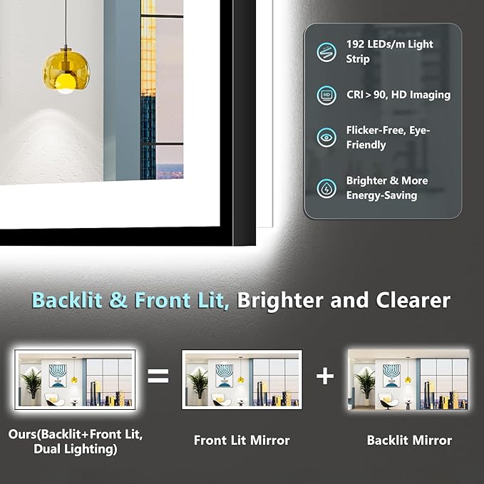 96"x36" Black Framed LED Bathroom Mirror with Lights, Backlit & Front Lit, Anti-Fog Lighted Vanity Mirrors for Bathroom Wall, Dimmable, 3 Colors, Memory, Shatter-Proof, Tempered Glass, CRI＞90