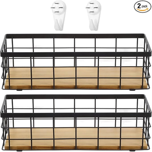 Set of 2 Small Wire Baskets, Narrow Black Metal Storage Bins for Bathroom Counter & Kitchen, Farmhouse Rustic Organizer Trays for Pantry, Office, RV, Countertop Decoration