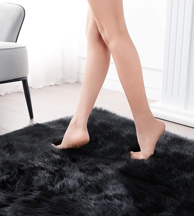 SERISSA Ultra Soft Faux Fur Area Rug Black Fluffy Rug Plush Chair Cover Seat Pad Fuzzy Carpet Furry Beside Rugs for Bedroom Floor Sofa Living Room 2x4 Feet (Rectangular,Black)